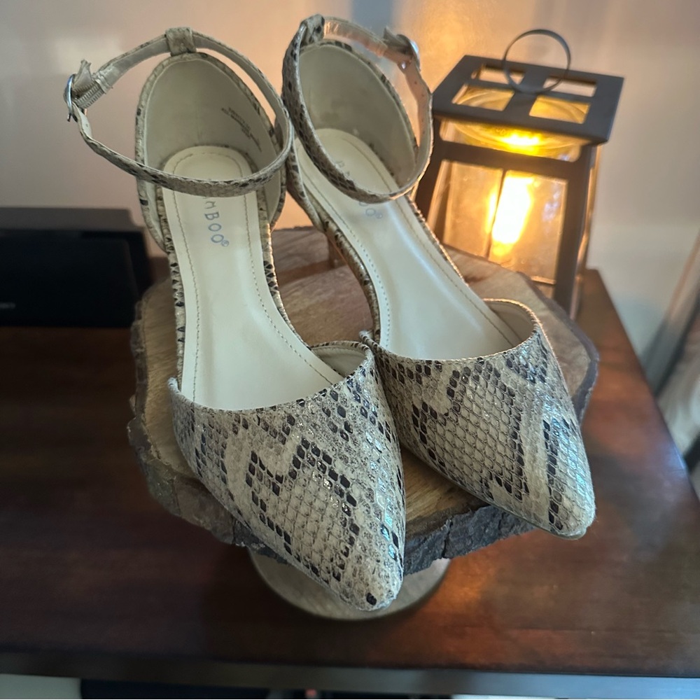 BAMBOO Tan Ankle-Strap Heels with Pointed Toe